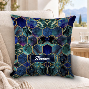 Cojín Decorativo Chic femenino falso brillo azul turquesa geométric