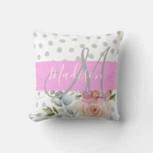 Cojín Decorativo Chic & Femenino Floral Blanco Rosa Gris Monograma