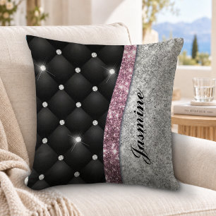 Cojín Decorativo Chic femenino monograma rosa negro brillo plateado