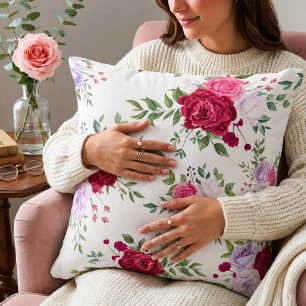 Cojín Decorativo Chic Floral Rosa Borgoña Rosa Acuarela Romántica