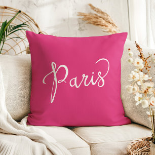 Cojín Decorativo Chic Hot Pink y Blanco Tipografía de París