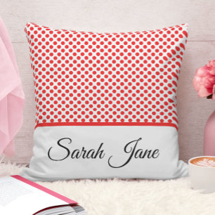 Cojín Decorativo Chic Minimalista Rojo & Blanco Lunares Nombre Pers