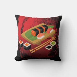 Cojín Decorativo Chic Moderno Elegante Sushi Negro y Rojo