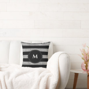 Cojín Decorativo Chic Monograma Rayado Glitter Plata Negro