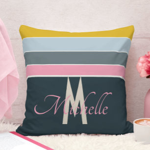Cojín Decorativo Chic Monograma Rosa y Azul Marino Rayas Turquesa
