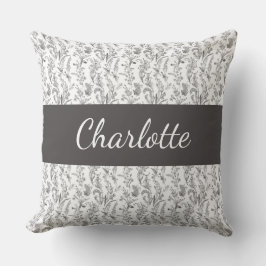 Cojín Decorativo Chic Toile Floral Blanco y Negro Nombre Personaliz