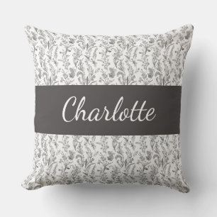 Cojín Decorativo Chic Toile Floral Blanco y Negro Nombre Personaliz