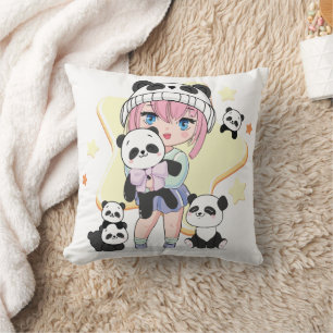 Cojín Decorativo Chica adorable de anime rodeada de juguetes de pan