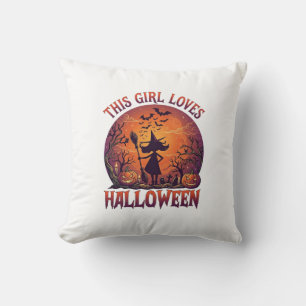 Cojín Decorativo Chica Ama Bruja de Halloween Calabazas Murciélagos