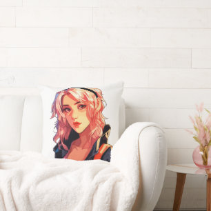 Cojín Decorativo Chica animante: Hermoso arte manga