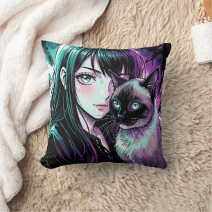 Cojín Decorativo Chica anime bonita y gato siamés