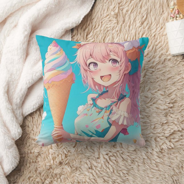 Cojín Decorativo Chica anime caprichoso con helado (Manta)