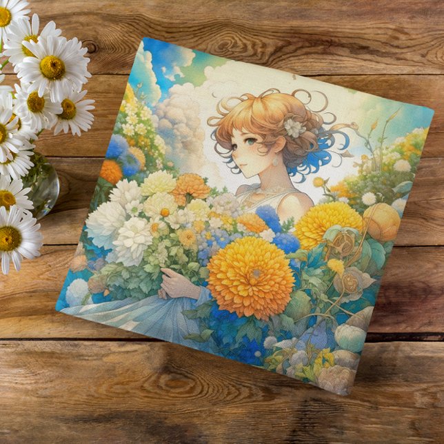 Cojín Decorativo Chica anime en flores amarillas y azules (Subido por el creador)