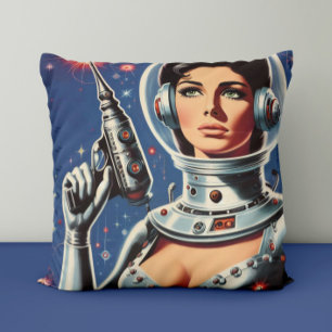 Cojín Decorativo Chica Astronauta de Ciencia Ficción Vintage