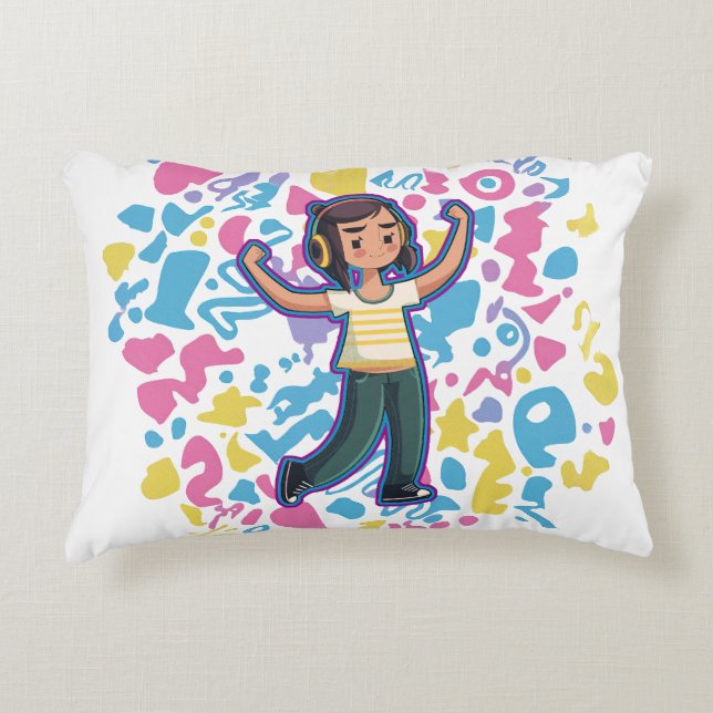 Cojín Decorativo Chica con audífonos con flexión y relajación (Anverso)