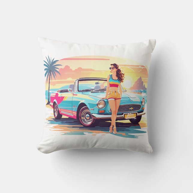 Cojín Decorativo Chica con la naturaleza del coche y del sueño (Anverso)