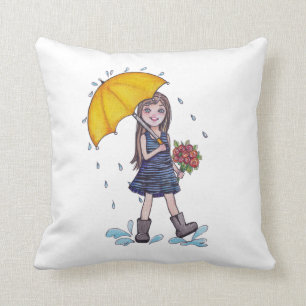 Cojín Decorativo Chica Con Paraguas Amarillo En Acuarela