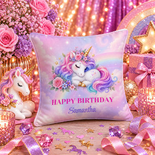 Cojín Decorativo Chica Cumpleañera Unicornio Almohadón de Tirar Col
