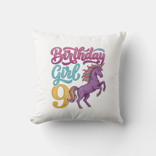 Cojín Decorativo Chica Cumpleaños 9 Unicornio Diseño de Grabado Vin