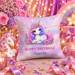 Cojín Decorativo Chica Cumpleaños Unicornio Colorido Arcoíris Mágic