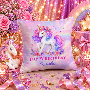 Cojín Decorativo Chica Cumpleaños Unicornio Mágico Sueño Colorido A