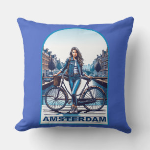 Cojín Decorativo Chica de Ámsterdam con bicicleta en puente