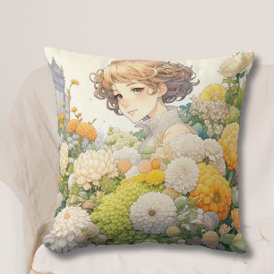 Cojín Decorativo Chica de anime bonito en flores amarillas y blanca