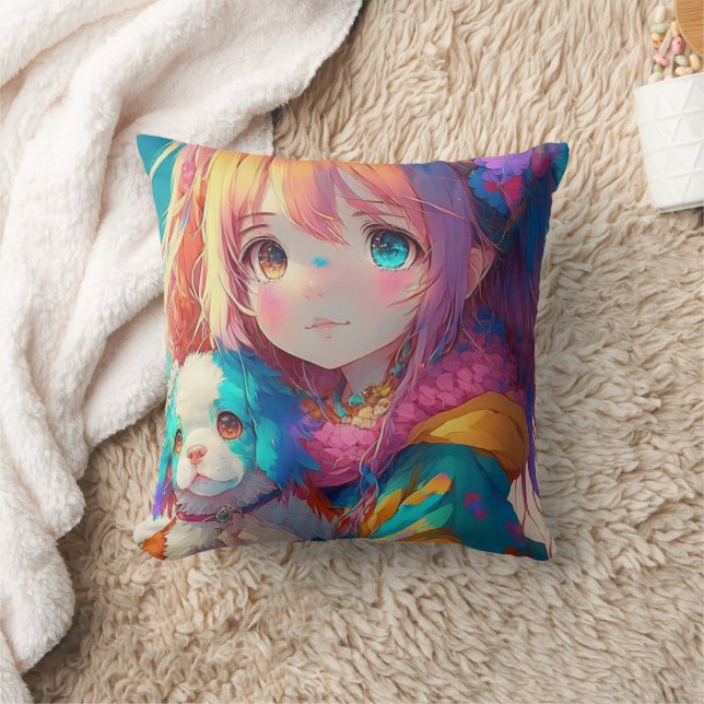 Cojín Decorativo Chica de Anime con Cachorro (Manta)