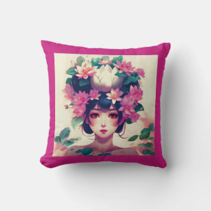 Cojín Decorativo Chica de Anime Coronada con Flores de Loto