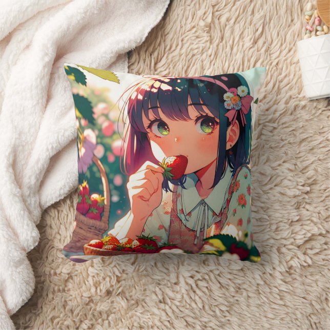 Cojín Decorativo Chica de anime cutáneo comiendo fresas (Manta)