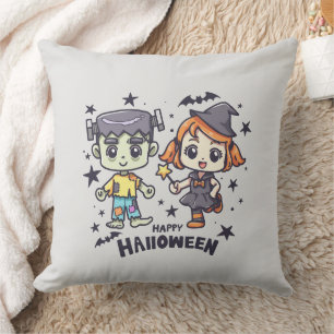 Cojín Decorativo Chica de brujas y niño zombi travieso