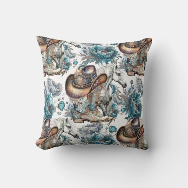 Cojín Decorativo Chica de caballo vaquero patrón turquesa floral (Anverso)