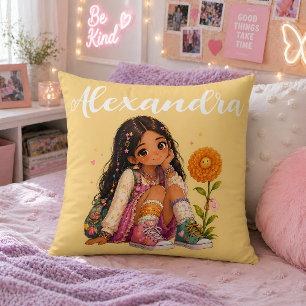 Cojín Decorativo Chica de Cabello Marrón Personalizado Nombre