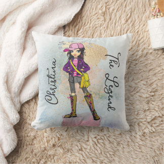 Cojín Decorativo Chica De Doodle Con Nombre De Oro De Pelo Oscuro