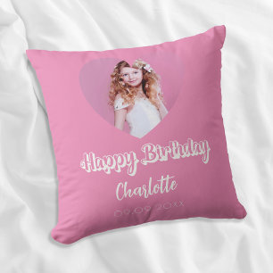 Cojín Decorativo Chica de guión de nombre de corazón de foto rosa d