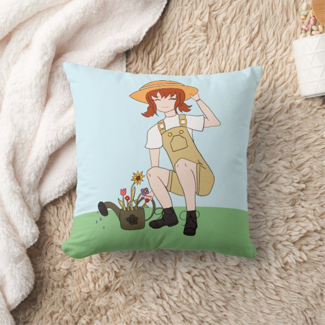 Cojín Decorativo Chica de jardinería con pelo marrón florido (Manta)