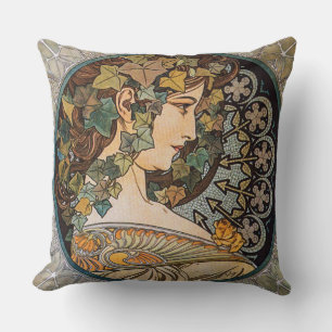 Cojín Decorativo Chica del cabello de hiedra Pintura de Alphonse Mu