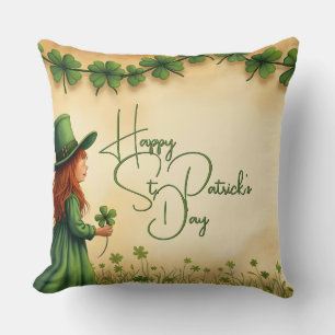 Cojín Decorativo Chica del día de San Patricio con tréboles