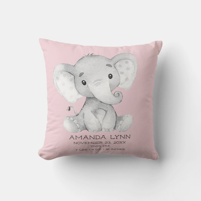 Cojín Decorativo CHICA Elefante Bebé Nacimiento Estadísticas Pillow (Anverso)