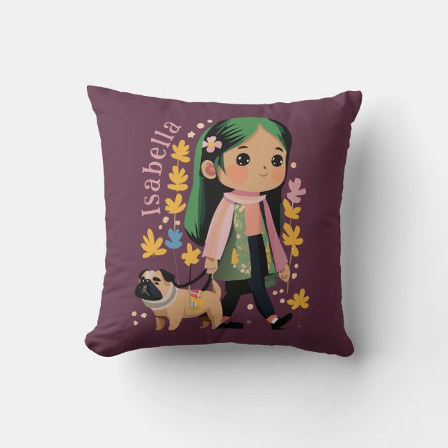 Cojín Decorativo Chica encantadora personalizada caminando con Pug (Anverso)