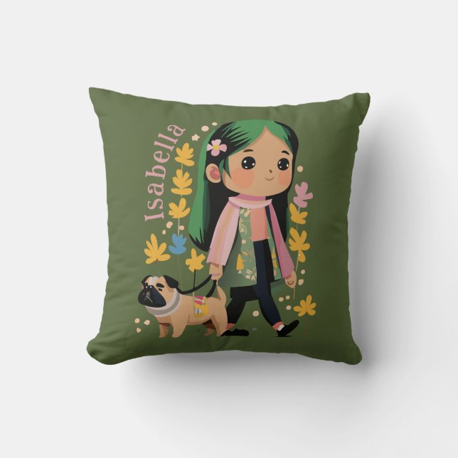 Cojín Decorativo Chica encantadora personalizada caminando con Pug (Anverso)