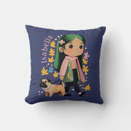 Cojín Decorativo Chica encantadora personalizada caminando con Pug