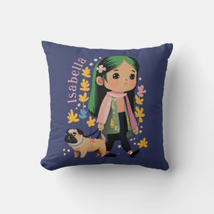 Cojín Decorativo Chica encantadora personalizada caminando con Pug