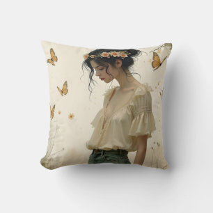Cojín Decorativo Chica Etérea con Mariposas en la Naturaleza