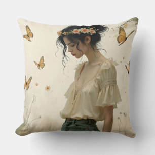 Cojín Decorativo Chica Etérea con Mariposas en la Naturaleza