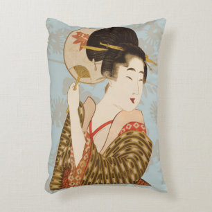 Cojín Decorativo Chica Geisha Japonesa Vintage con Kimono y Abanico