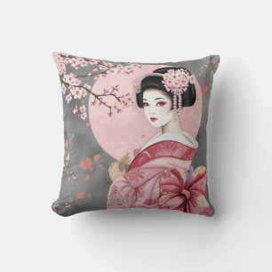Cojín Decorativo Chica Geisha Japonesa y Flores de Cerezo