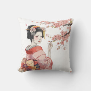 Cojín Decorativo Chica Geisha Japonesa y Flores de Cerezo Rosadas