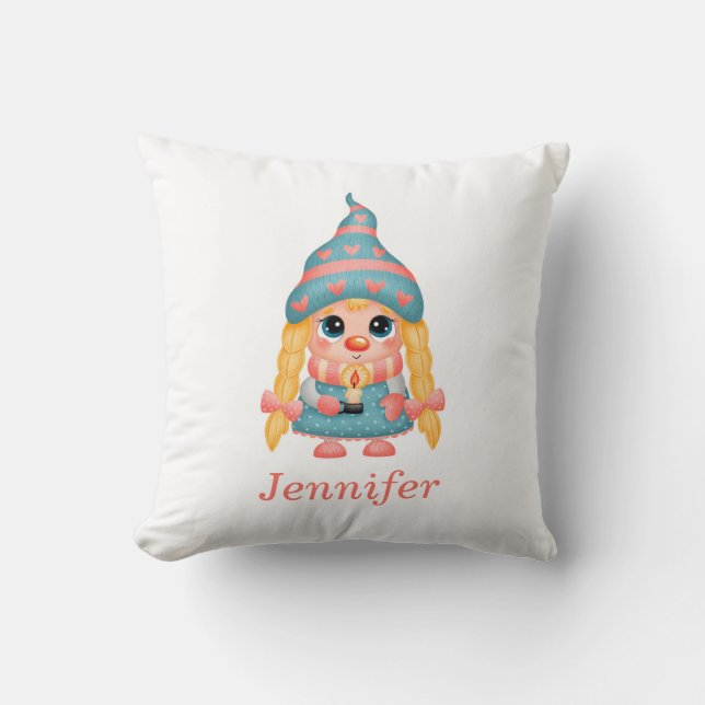Cojín Decorativo Chica Gnome de Feliz Navidad Personalizado (Anverso)