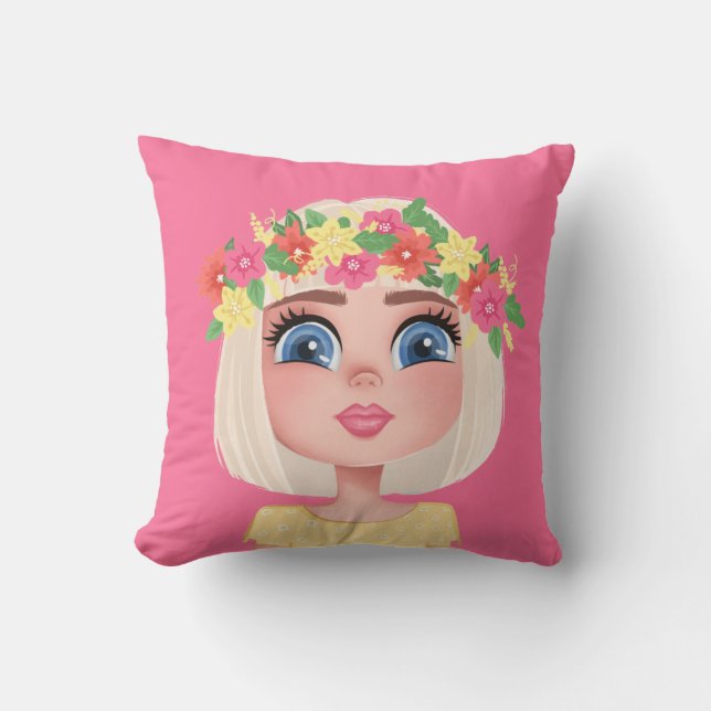 Cojín Decorativo Chica infantil de flores personalizado sobre rosa (Anverso)